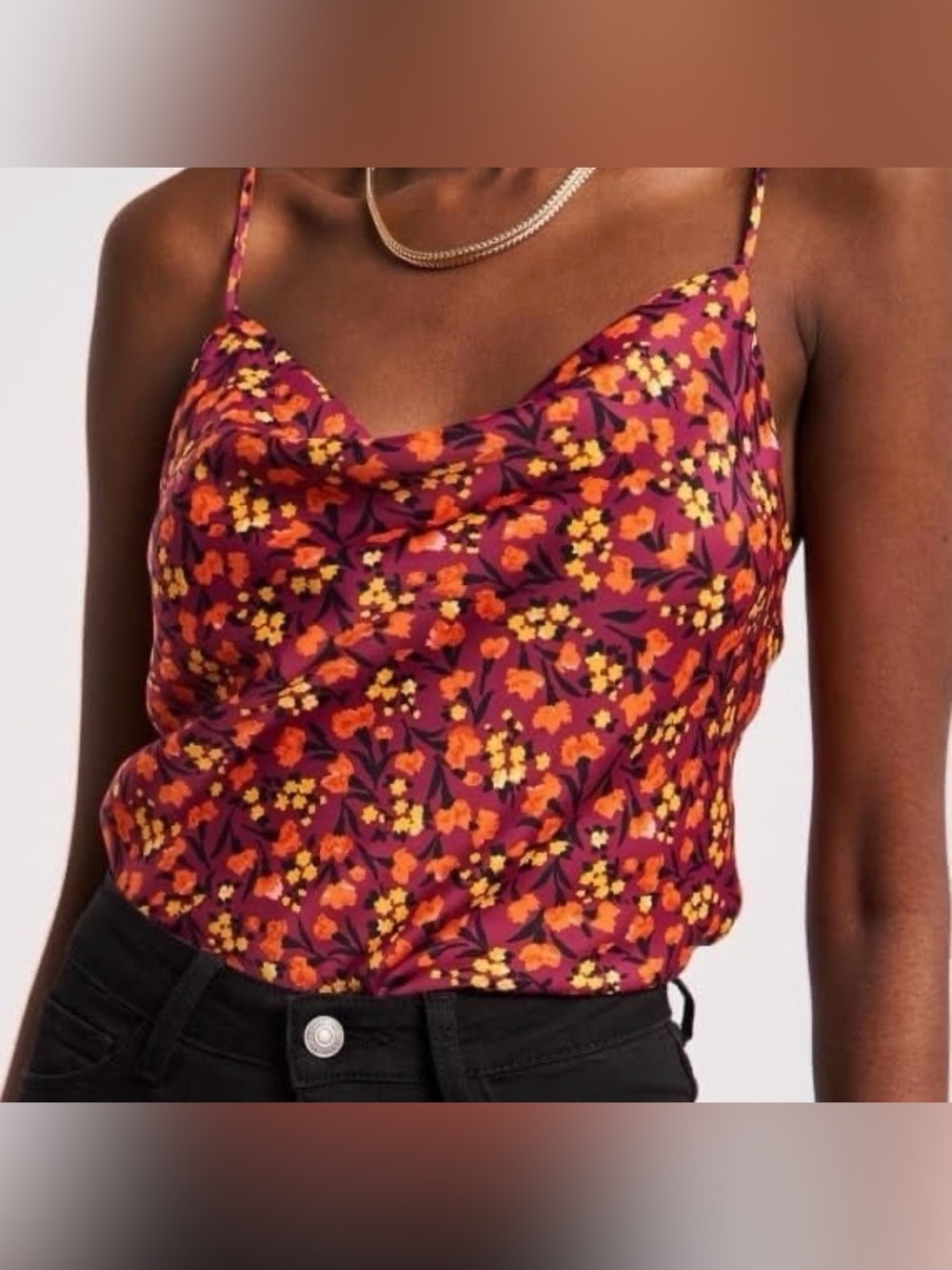 Zara‎ Satin Effect Floral Cami Cropped Top Large Burgundy Orange Cowl Neck Flowy